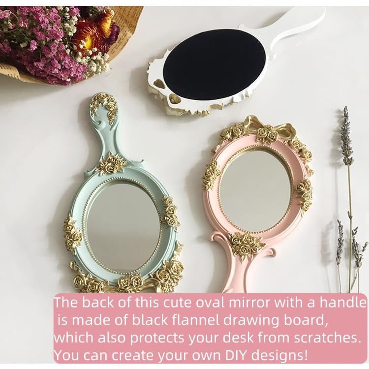 Nerien Handheld Mirror Vanity Makeup Mirror Travel Princess Metal Cosmetic Mirror Portable Oval Embossed Rose Mirrors Decorative Desk Girl Student Vintage Beautiful Handle Mirrors Pink-3 - Image 4